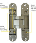 Invisible Door Hinge Set For Frameless Doors Two Pack 3D Adjustable Concealed Hardware Satin Chrome Finish Supports Up To 132lbs Per Pair 180 Degree Opening Fits Wooden And Steel Doors showing adjustable hinge details