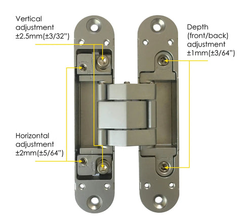 Invisible Door Hinge Set For Frameless Doors Two Pack 3D Adjustable Concealed Hardware Satin Chrome Finish Supports Up To 132lbs Per Pair 180 Degree Opening Fits Wooden And Steel Doors showing adjustable hinge details
