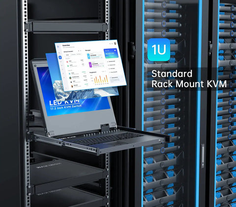 Slick One Rack Unit Kvm Console With 17.3 Inch Lcd Display and Integrated Us Keyboard Manage Sixteen Servers No Sweat Top Shelf Data Center Gear for Smooth Plug and Play Setup and Quick Roll Out in a 1U rack mounted position.