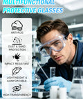 Heavy Duty Anti Fog Safety Goggles Provide Top Shelf Eye Coverage With Sweat Proof Lenses For Lab Setup Yard Chores Or Workshop Projects Meets Ansi Z87 Guidelines For No Nonsense Daily Protection worn by man in lab handling glassware.