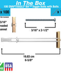 Heavy Duty Drywall Toggle Bolt Kit With Snap Toggle Anchor For Hollow Walls Holds Up To 238 Lbs In Half Inch Drywall No Fuss Install 100 Pack With Roundhead Bolts For TVs Shelves Grab Bars And Other Heavy Fixtures product components view.