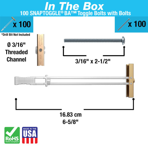 Heavy Duty Drywall Toggle Bolt Kit With Snap Toggle Anchor For Hollow Walls Holds Up To 238 Lbs In Half Inch Drywall No Fuss Install 100 Pack With Roundhead Bolts For TVs Shelves Grab Bars And Other Heavy Fixtures product components view.