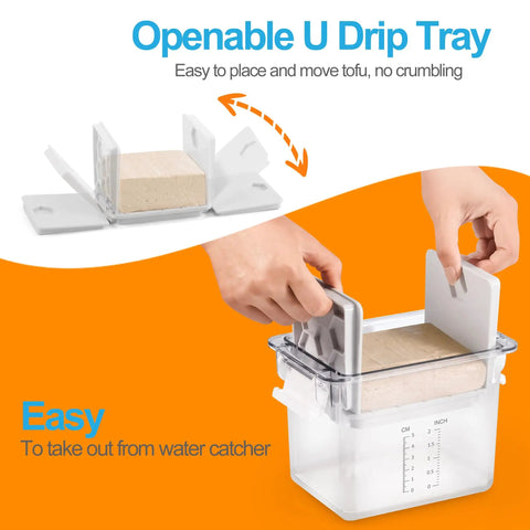 Dishwasher Safe Press For Quick No Fuss Meal Prep And Extra Firm Tofu This Press Drains Water From Tofu Fast With A Long Screw And Inner Spring Openable U Drip Tray BPA Free Vegan Gift Ready For Organic And Firm Tofu being used by hands to place tofu into the openable U drip tray.