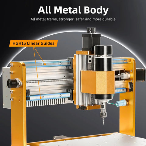 Ultra CNC Router Machine With 500W Spindle, All Metal 3 Axis Engraver showing HGH15 linear guides and all-metal body.