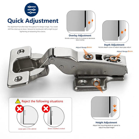 European Style Kitchen Cabinet Hinges With Silky Soft Close Action Half Overlay Design For Modern Frameless Doors 4 Pack quick adjustment features.