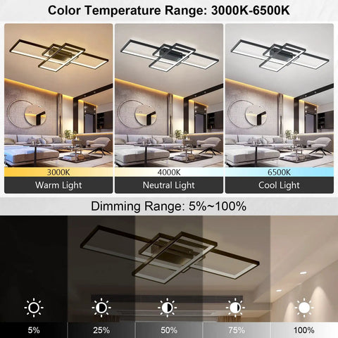 Lit Dimmable LED Ceiling Light With Remote Black Square Flush Mount Fixture showing color temps 3000K to 6500K in a living room
