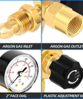Argon/CO2 welding gas regulator with brass inlet/outlet fittings (CGA580), 2-inch dial gauge, and black plastic adjustment knob