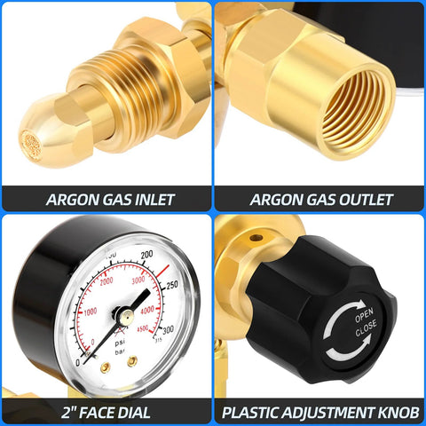 Argon/CO2 welding gas regulator with brass inlet/outlet fittings (CGA580), 2-inch dial gauge, and black plastic adjustment knob