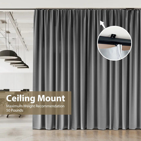 Heavy Duty Ceiling Curtain Track System With Clips, Silent Smooth Aluminum Rail, Wall Or Ceiling Mounted Room Divider For Living Room, Bedroom, Patio And Sliding Doors, Extra Long 9ft Black ceiling-mounted with gray curtain