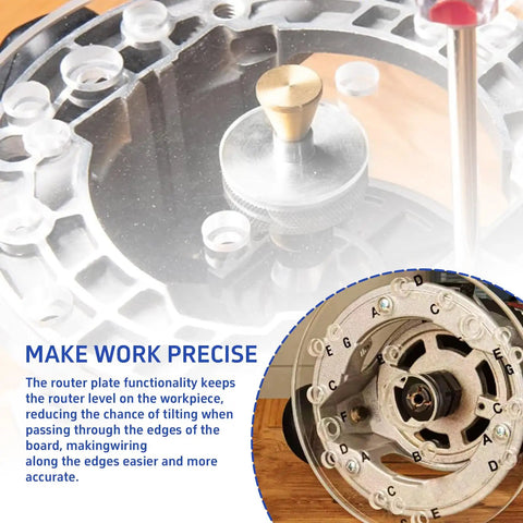No Hassle Clear Acrylic Router Base Plate Upgrade With Letter Marked Holes For Template Guides, 6.5 inch size, showing precision features.