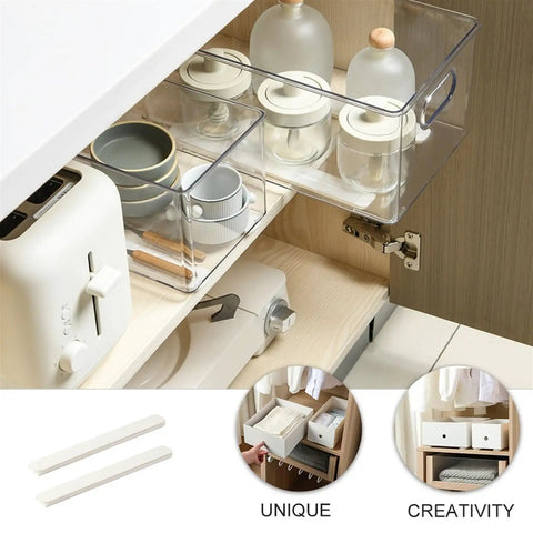 Full Extension Drawer Slides Upgrade Kit for Easy Access installed in a kitchen cabinet with clear storage containers