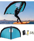 Inflatable Windsurf Wing For Windsurfing And Kitesurfing with accessories, tear-resistant nylon, shown on water and shore.