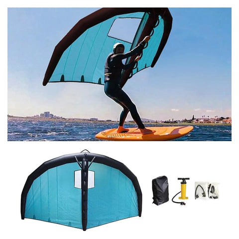 Inflatable Windsurf Wing For Windsurfing And Kitesurfing with accessories, tear-resistant nylon, shown on water and shore.