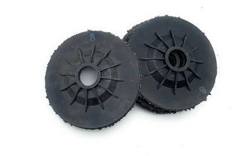 Two black 5 Pack SiC Plastic Back Grinding Wheel 4.5 Inch 8 Grit For Granite Marble Concrete And Glass Dry Cutting No Backing Pad Needed Longer Life And Faster Grinding, top view