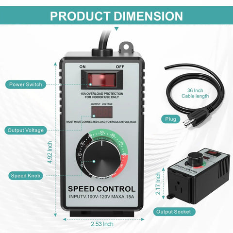 Heavy Duty 120V 15A AC Motor Speed Controller With 4000W Capacity, showing dimensions, speed knob, plug, and LED display.
