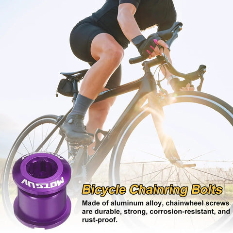 Cyclist with 5 Piece M8 Aluminum Alloy Double Chain Ring Bolts Set in Purple for Road and Mountain Bikes