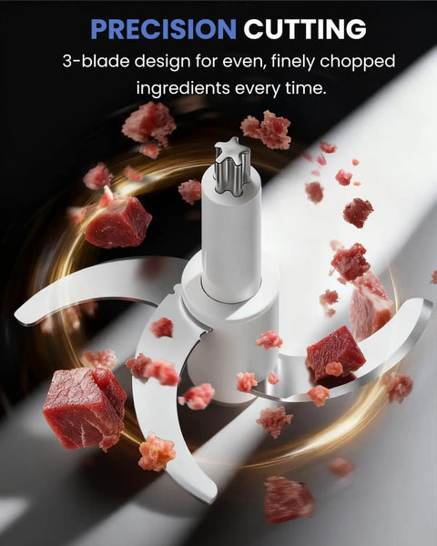Close-up of stainless steel blades in 6 Cup Mini Food Processor Chopper With 250W Motor And Stainless Steel Blades Plus Meat Grinder Attachment For Meat Veggies Onion Garlic Nuts Sauces Ice And Baby Food In A Compact 1.5L Kitchen Processor.