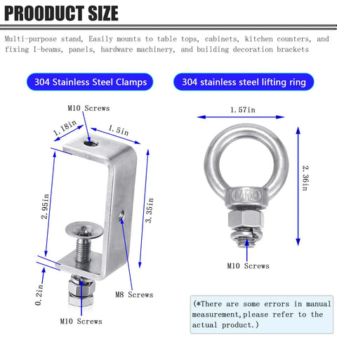 Diagram of Beefed Up 304 Stainless Beam Clamps With M10 Ring Screw, showing dimensions and components in side view.