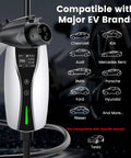 Portable Level 1 And 2 EV Charger J1772 Connector With 16 Amp Adjustable Output shows EV compatibility with major brands.