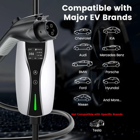 Portable Level 1 And 2 EV Charger J1772 Connector With 16 Amp Adjustable Output shows EV compatibility with major brands.