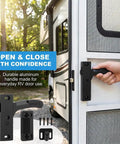 Heavy Duty Aluminum RV Screen Door Latch Replacement Kit With Right Handle for camper trailer entry door in use