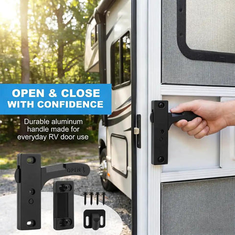 Heavy Duty Aluminum RV Screen Door Latch Replacement Kit With Right Handle for camper trailer entry door in use