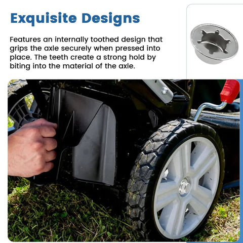 Heavy Duty Push Nut Cap Set For Five Eighths Inch Axles installed on lawn wagon wheel showing secure fit