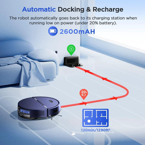 2 In 1 Robot Vacuum And Mop With 8000Pa Suction, Slim Self Charging Smart Cleaner For Hard Floors, Pet Hair, And Carpet, App, Voice, And Remote Control, Automatic Charging, Perfect For Busy Homes docking to charger