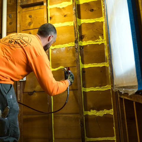 Professional Grade Interior Air Sealant Kicks Drafts To The Curb And Locks Warmth In Along Wall Ceiling Floor Joints Yellow 5 Gallon Big Bucket applied to wall joints.