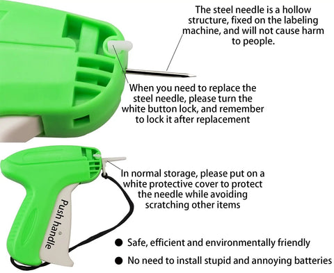 Clothing Tag Gun Kit With 6 Steel Needles 5000 Barbs And 500 Price Tags Label Applicator close-up of green needle detail