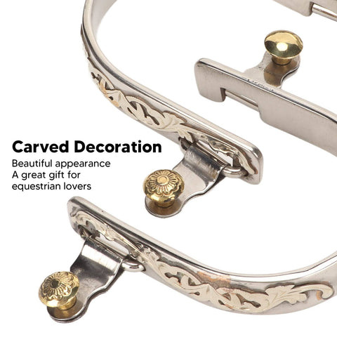 Close-up of rugged stainless steel western horse spurs with rotatable gear and carved equestrian style for men and women.