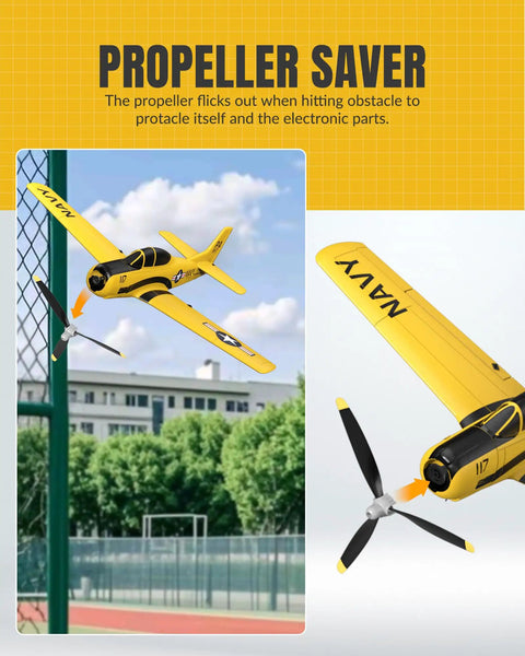 Beginner Friendly RC Plane T28 Trojan Warbird with 4CH Remote Control, featuring yellow propeller saver, flying outdoors.