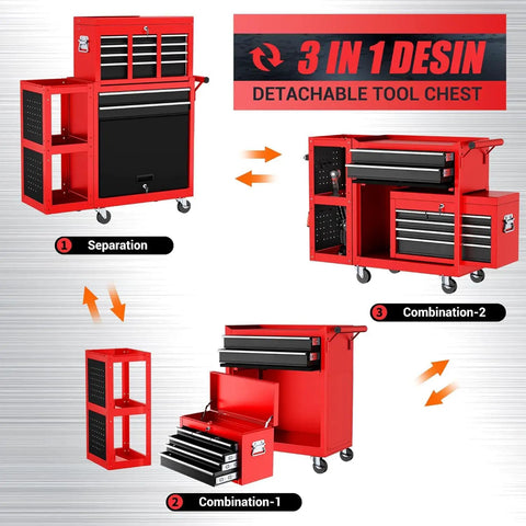 Heavy Duty 8 Drawer Rolling Tool Chest With 3 In 1 Modular Toolbox Set And Detachable Four Wheel Utility Cart, lockable red steel storage