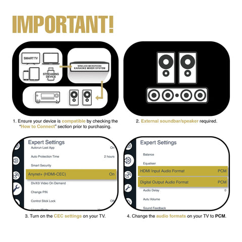 Connection setup instructions for Dope Wireless Karaoke Microphone Mixer System With HD Audio Return Channel Optical Toslink AUX Bluetooth HDMI In Out TV ARC For Smart TV Media Box PC Soundbar Receiver displayed.