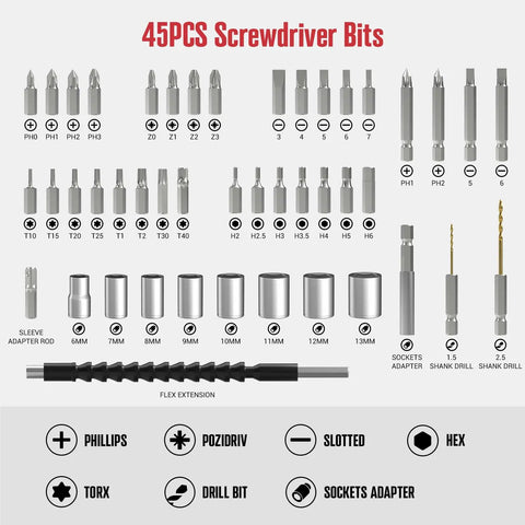 45-piece screwdriver bit set for 4V Cordless Electric Screwdriver Kit with LED Work Light, including various bit sizes and types.