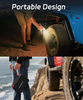 Man using 6000A Jump Starter With Air Compressor And 150 PSI Tire Inflator at night by a tire, showcasing portability.