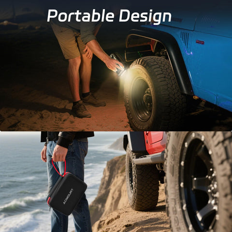 Man using 6000A Jump Starter With Air Compressor And 150 PSI Tire Inflator at night by a tire, showcasing portability.