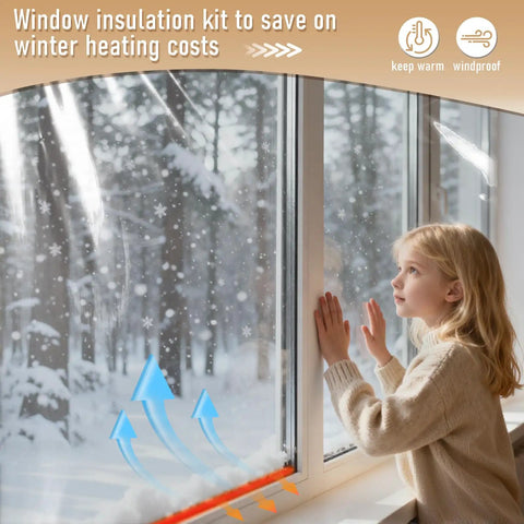 Child looking out a window with Easy DIY Window Insulation Kit For Winter With Plastic Shrink Film And Strong Tape in use