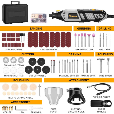 Beast Mode 1.5 Amp Rotary Tool Kit With 42 Inch Flex Shaft, Six Variable Speeds From 8,000 To 35,000 RPM, 129-Piece Accessories Set For Cutting, Sanding, Grinding, Carving, Polishing And DIY Projects. Rotary tool kit with carrying case and accessories
