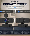Straight Up Crisp 4K Autofocus USB Webcam For PC With Dual Mics showing open and closed privacy cover for secure use