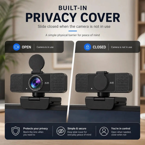 Straight Up Crisp 4K Autofocus USB Webcam For PC With Dual Mics showing open and closed privacy cover for secure use