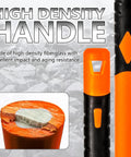 Close-up of heavy duty pickaxe shock absorbing handle, showcasing orange fiberglass material, highlighting features for durability.
