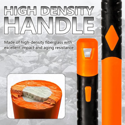 Close-up of heavy duty pickaxe shock absorbing handle, showcasing orange fiberglass material, highlighting features for durability.