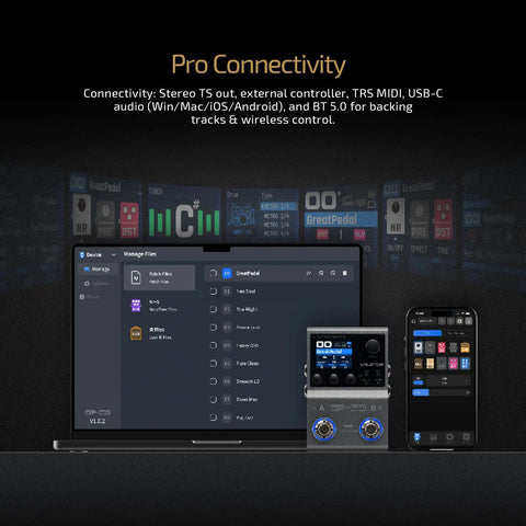 All-In-One Guitar Multi-Effects Processor With NAM And IR Loader, 9 Simultaneous Modules, Bluetooth App Control, shown with laptop and phone app
