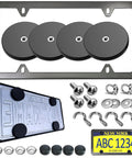Magnetic License Plate Mount Four Pack with strong neodymium magnets, rubber-coated base, black frame, and screws displayed.