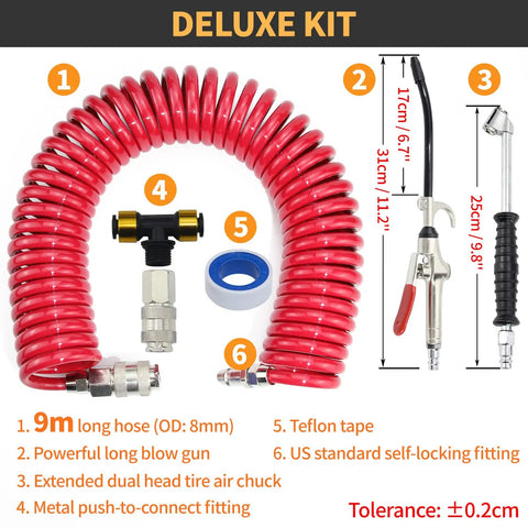 Heavy Duty Air Blow Gun Kit With 30 Foot Coiled Hose And Dual Head Tire Chuck Zero Leak Accessory Set, 9m coil and blow gun.