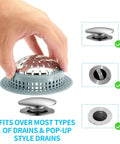 Straight Up Solid Zinc Alloy Bathtub Drain Hair Catcher with Non Slip Silicone Grip shown fitting various drain styles.