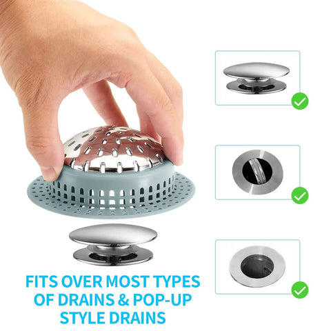 Straight Up Solid Zinc Alloy Bathtub Drain Hair Catcher with Non Slip Silicone Grip shown fitting various drain styles.