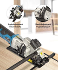 G LAXIA mini cordless circular saw, blue, with laser guide and rip fence on workbench; 24T+60T blades.