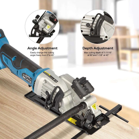G LAXIA mini cordless circular saw, blue, with laser guide and rip fence on workbench; 24T+60T blades.